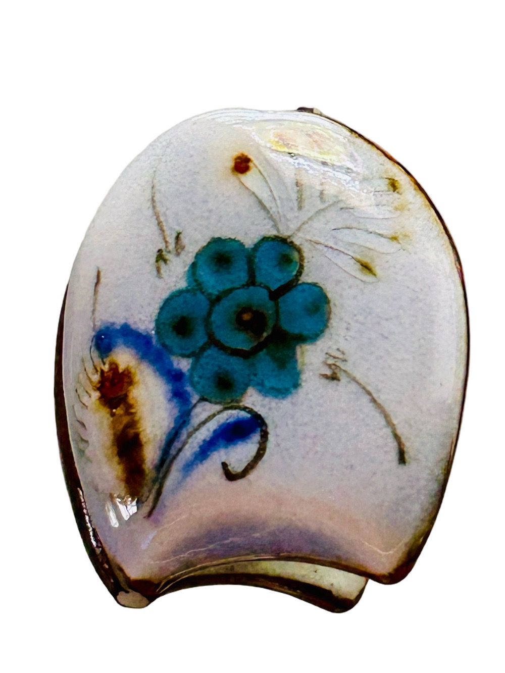 Vintage Blue and White Hand-Painted Ceramic Pottery Glazed Floral Brooch JADA